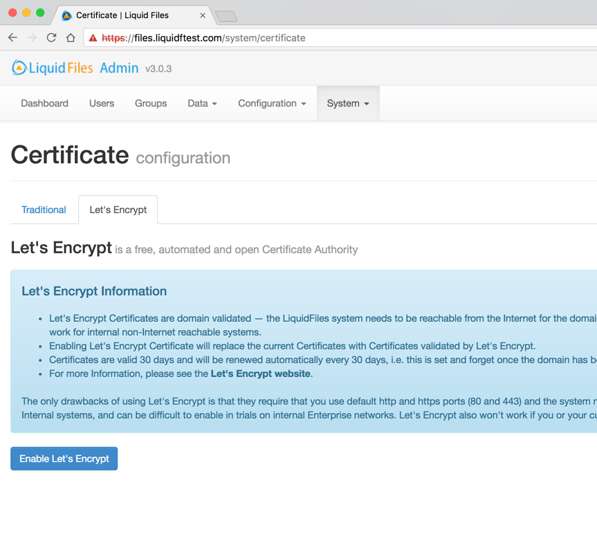 Let's Encrypt configuration tab
