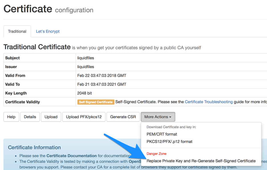 Reset certificate via web admin interface
