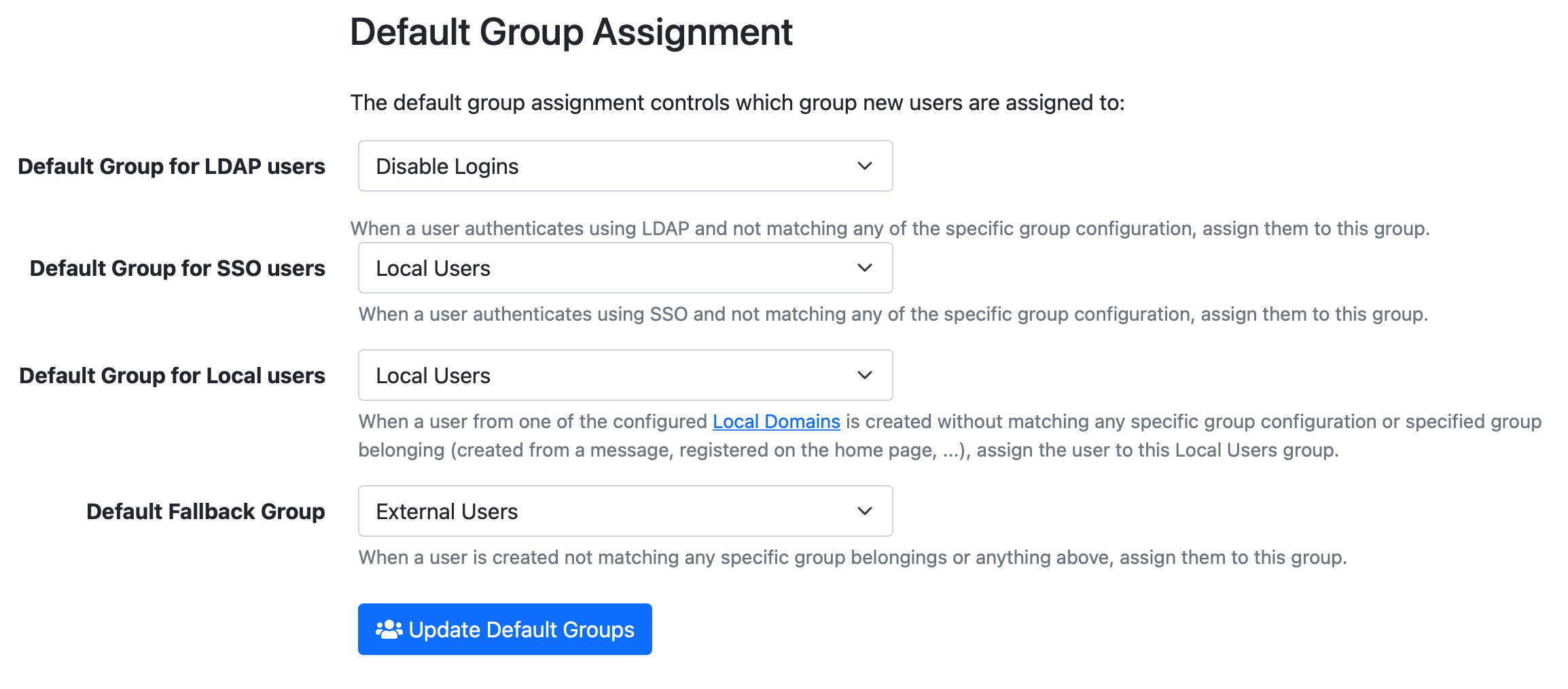 Default groups configuration example