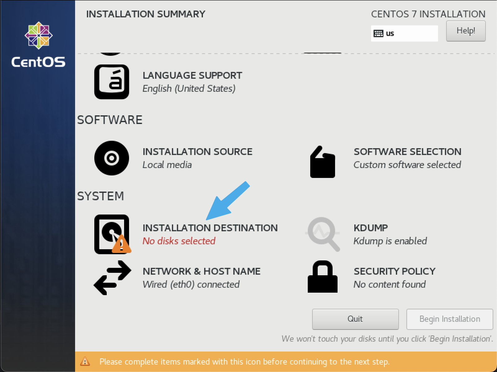 Installation destination selection screen