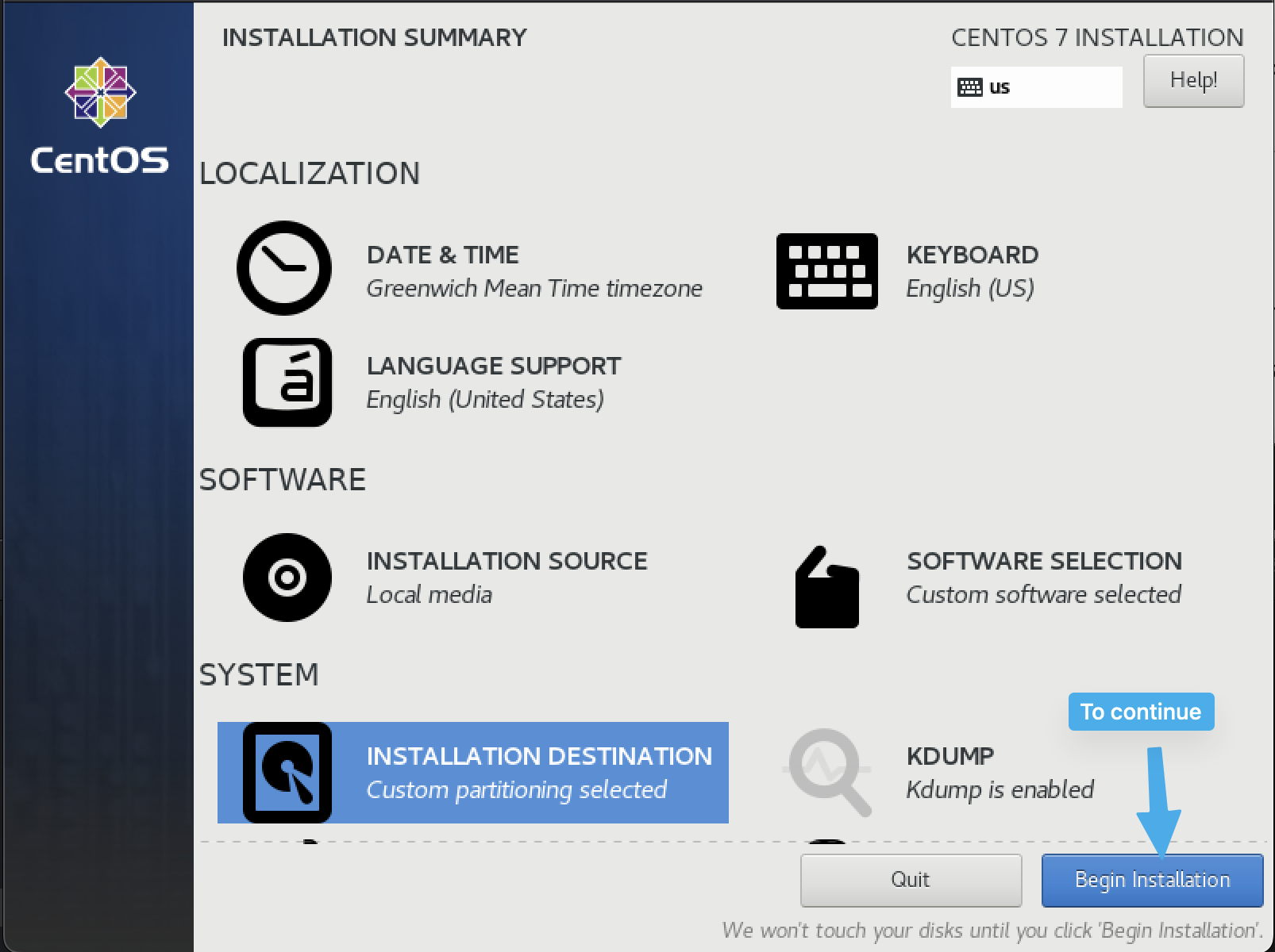 Begin installation screen