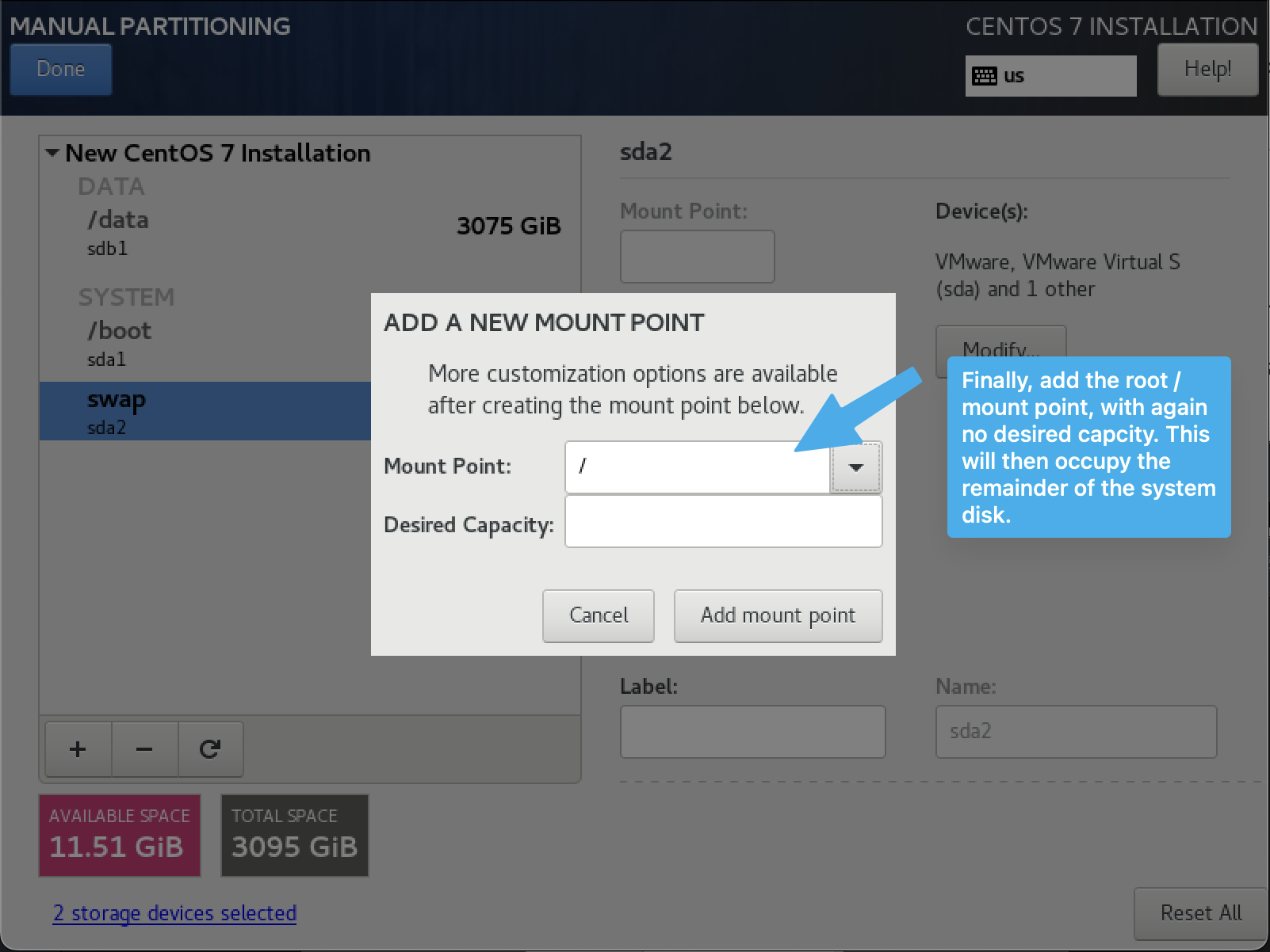 Adding root partition for data disk setup