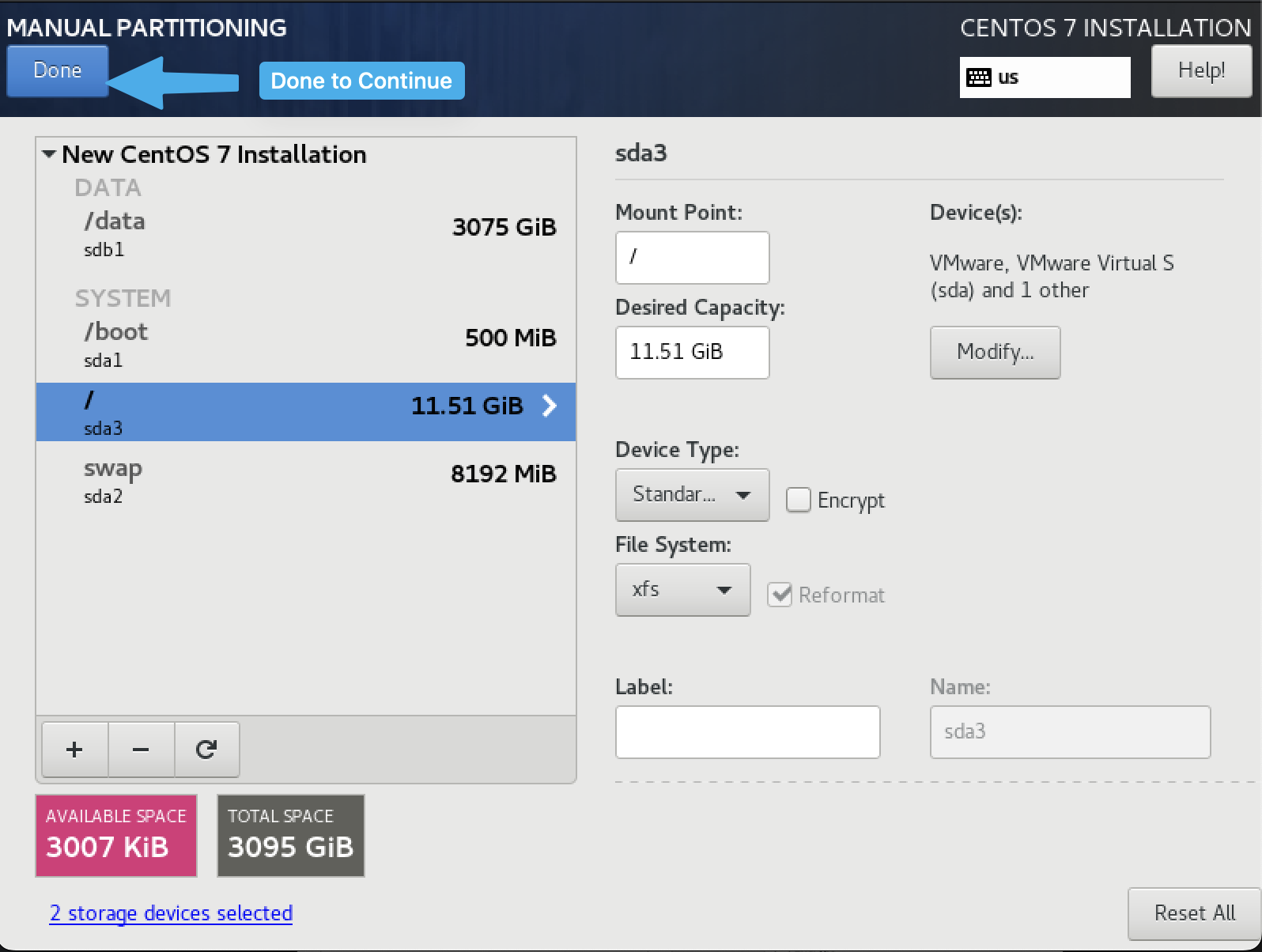Final partition table with two disks