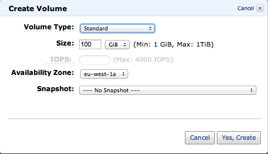 EC2 create volume size selection