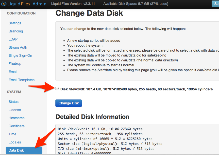 Selecting data disk in LiquidFiles console