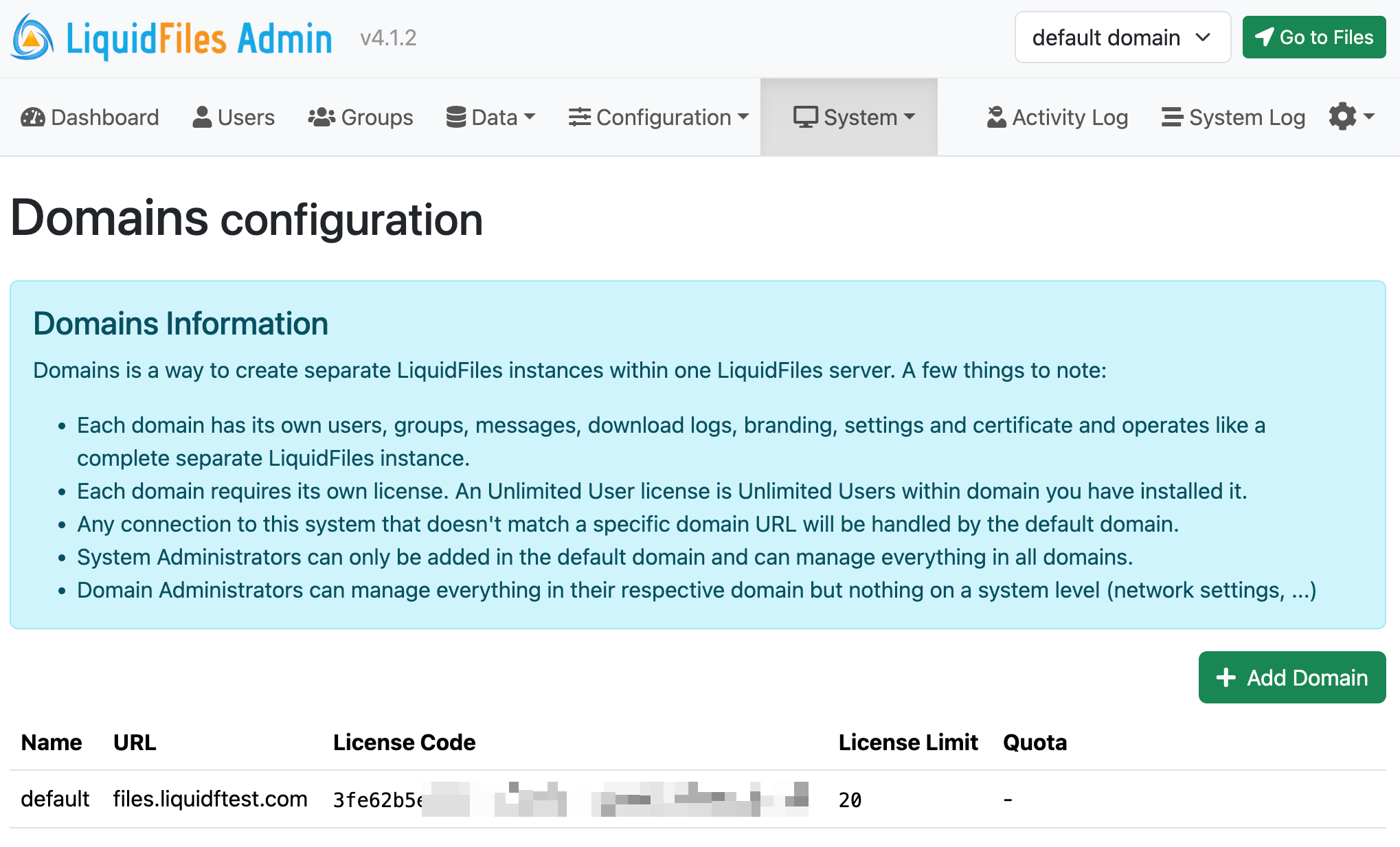 Domains list with default domain