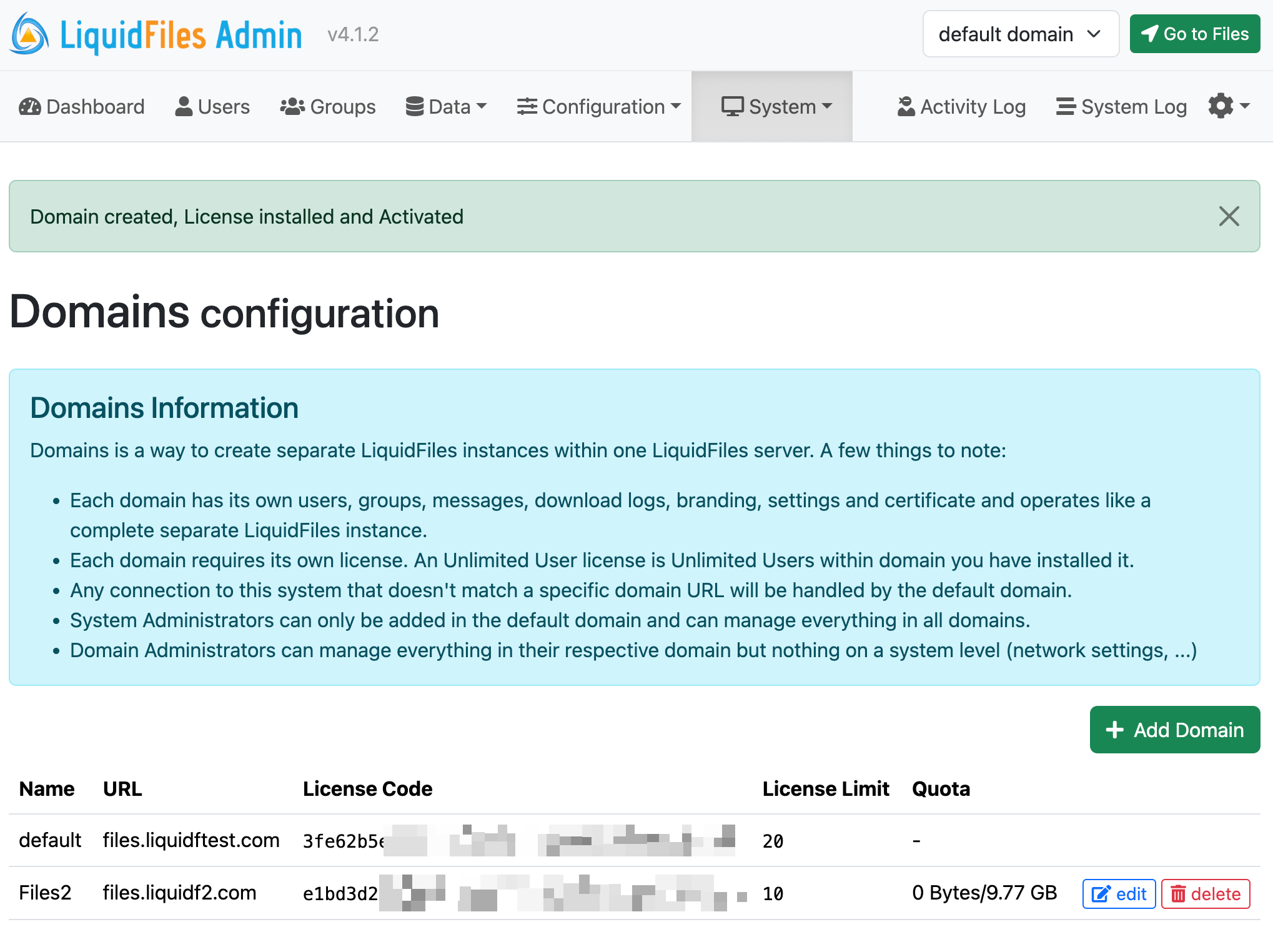 Domains list with additional domain added