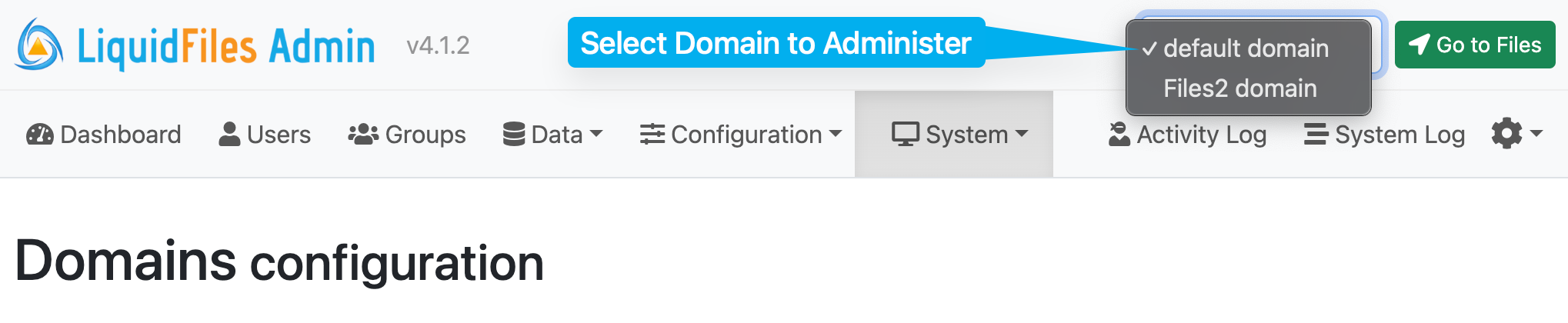 Domain selector dropdown in admin menu