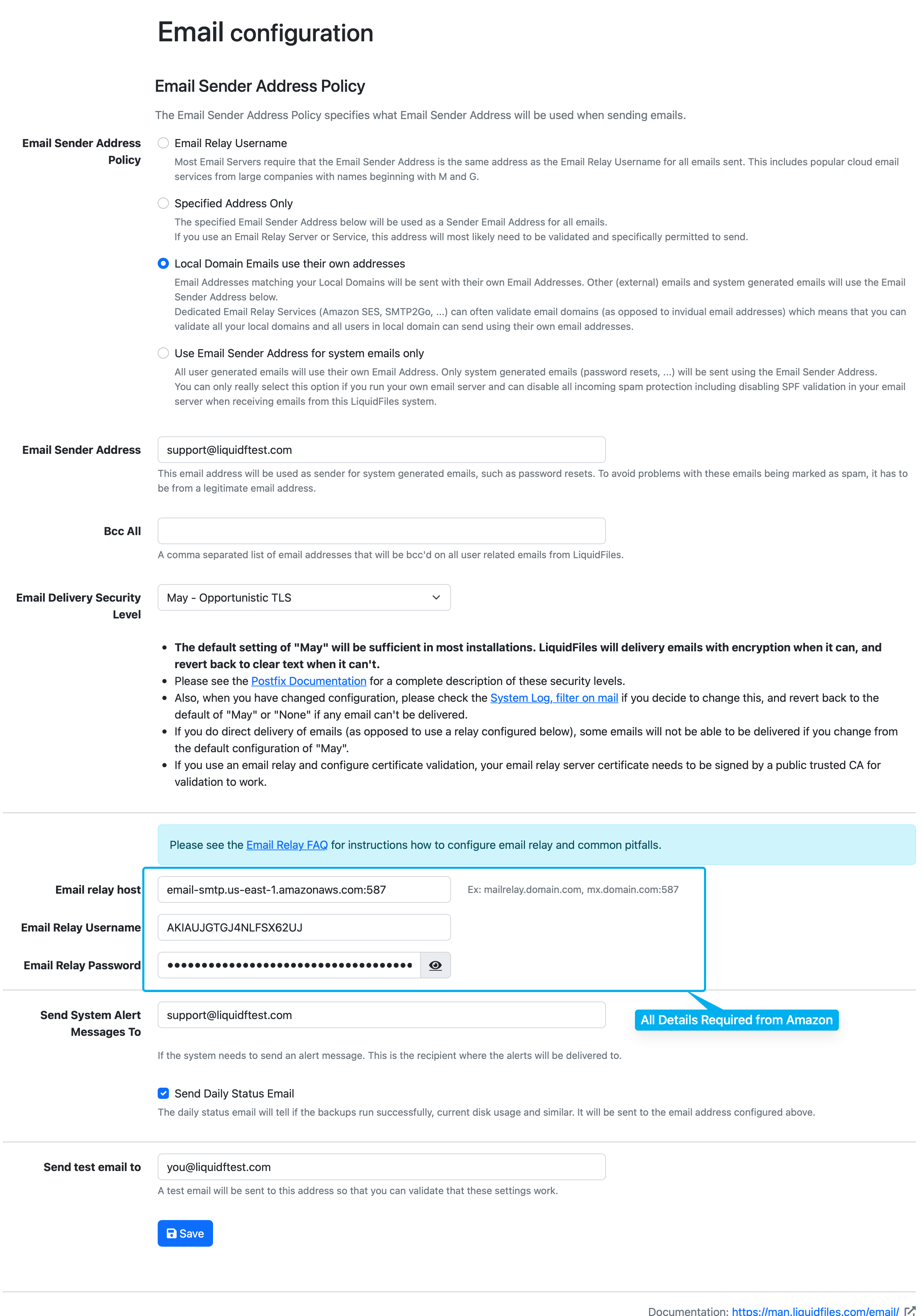 LiquidFiles email configuration with SES
