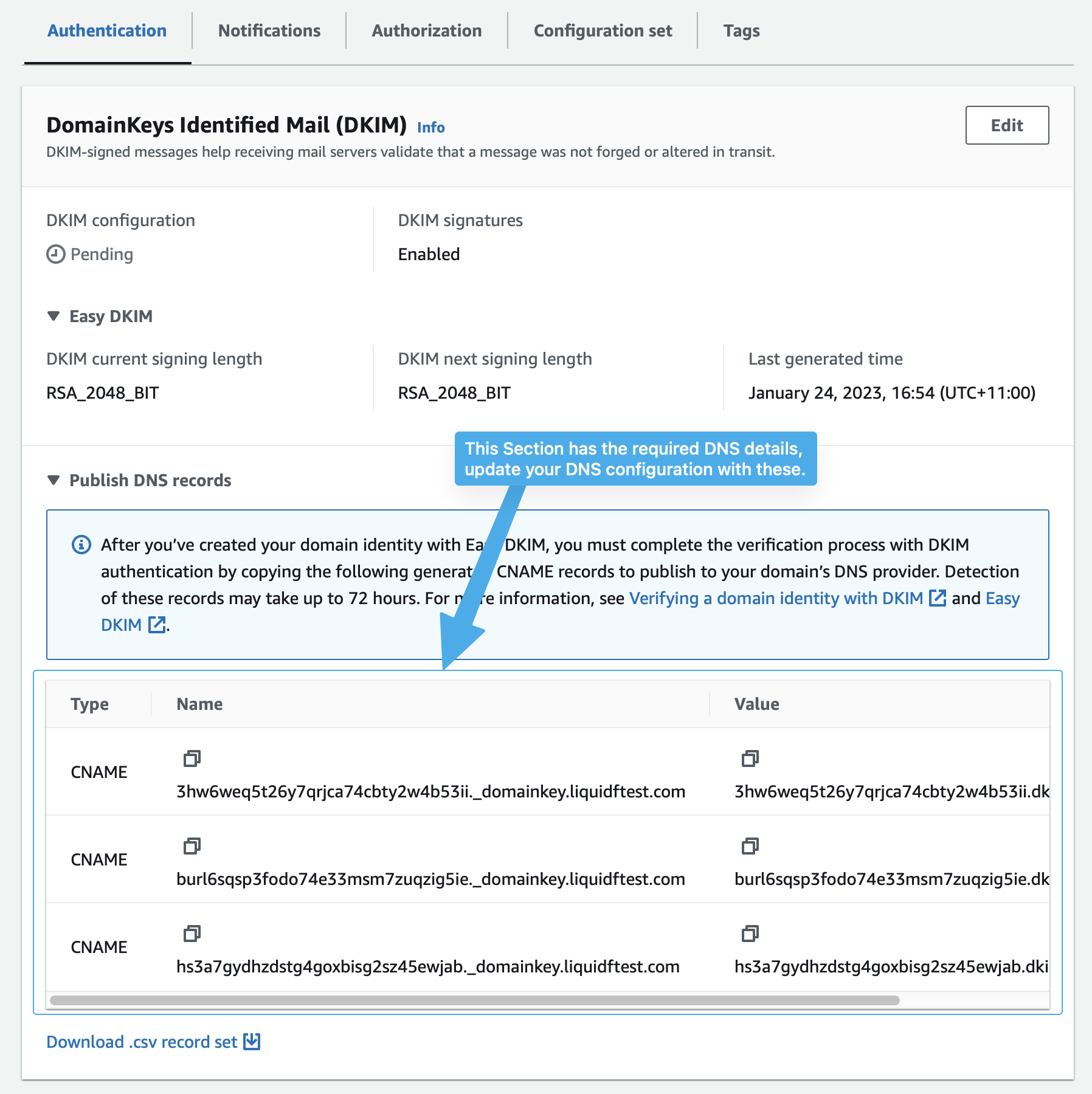 Amazon SES DKIM DNS entries