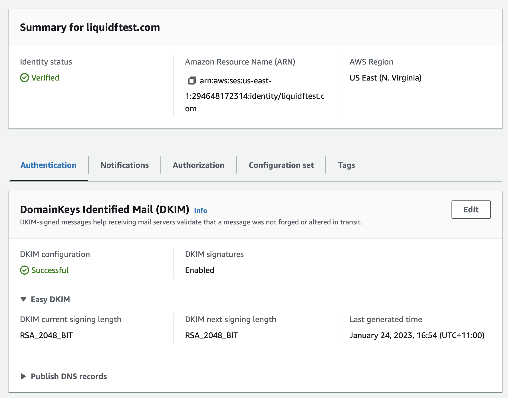 Amazon SES DKIM verification success