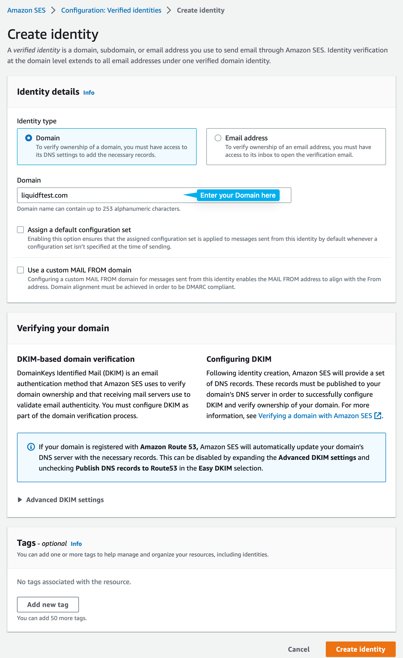 Amazon SES domain identity selection