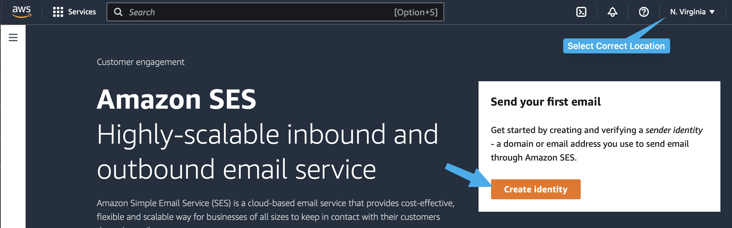 Amazon SES initial setup page