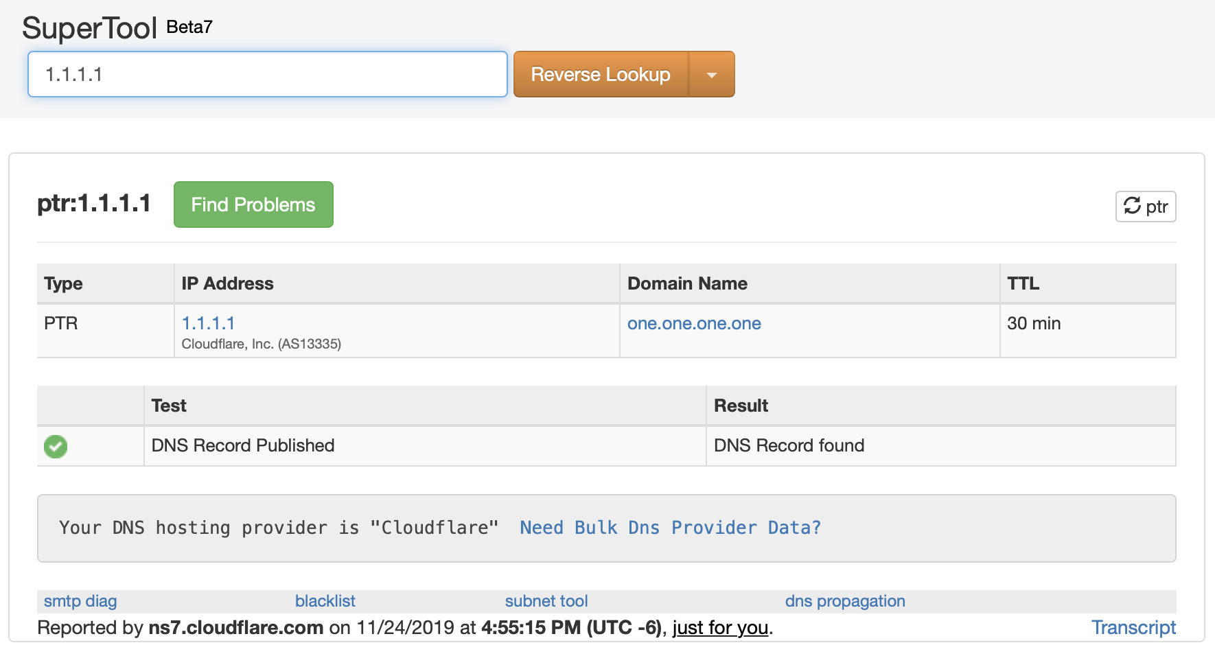 Reverse IP lookup result