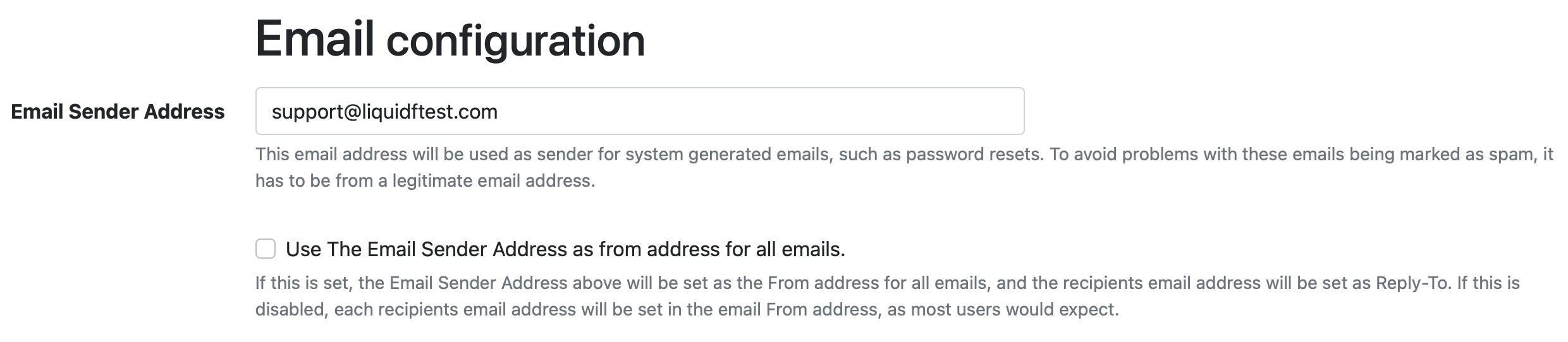 Email Configuration with the setting that Use Email Sender Address for all emails is unchecked