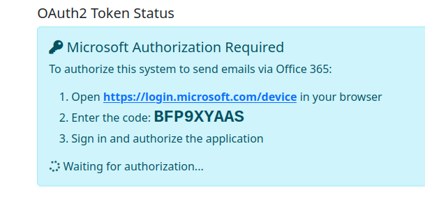 OAuth2 Token Status panel showing device code authorization instructions