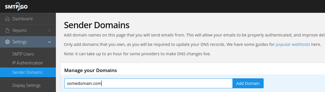 SMTP2Go sender domain setup