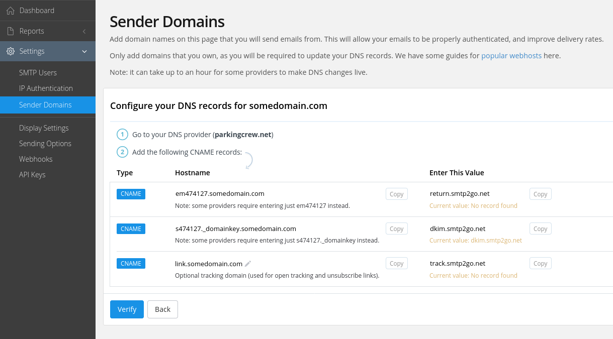 SMTP2Go domain verification records