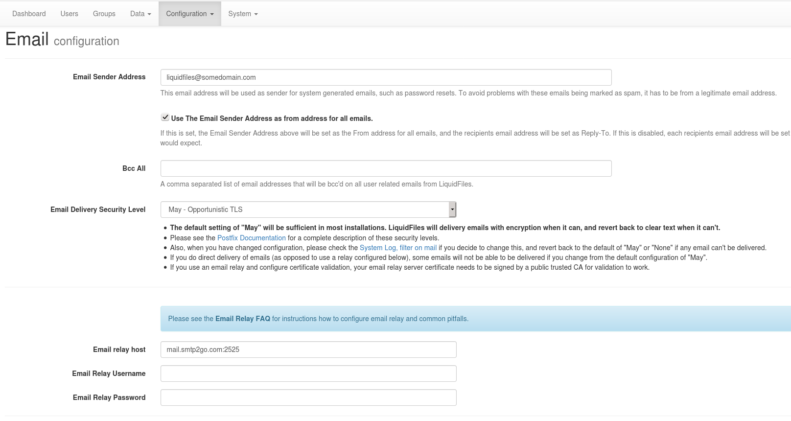 LiquidFiles email configuration with SMTP2Go