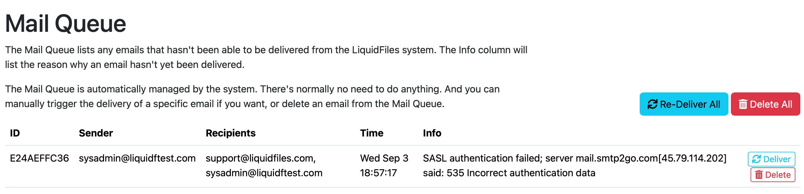 Authentication failure in email queue