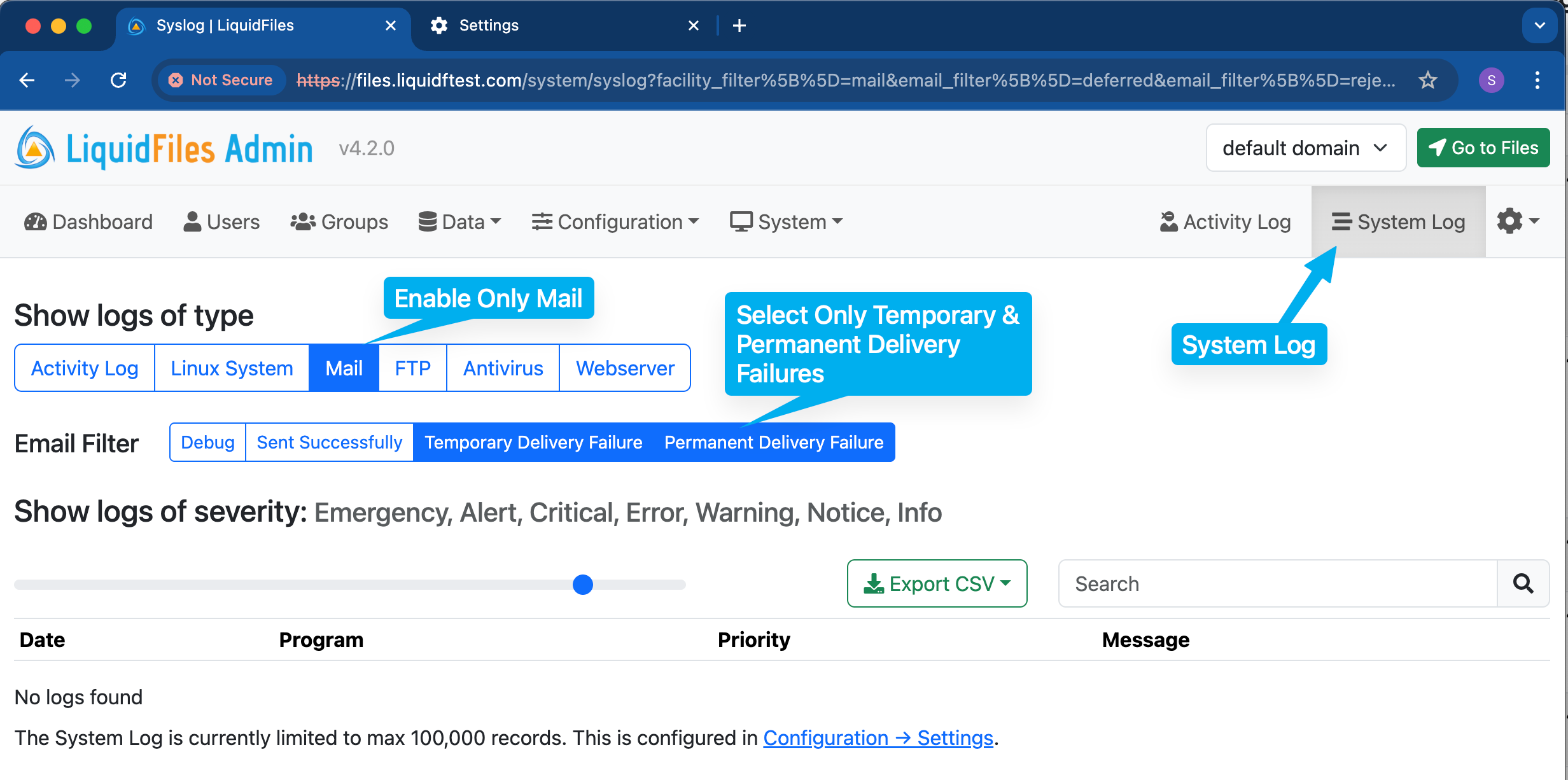 Syslog Email Filter Settings to troubleshoot Email Deliveries
