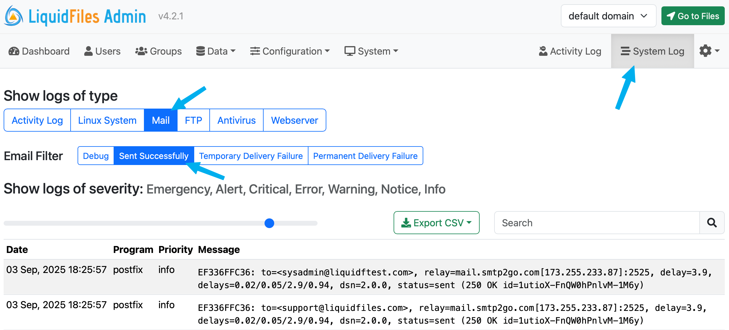 Successful email delivery in syslog