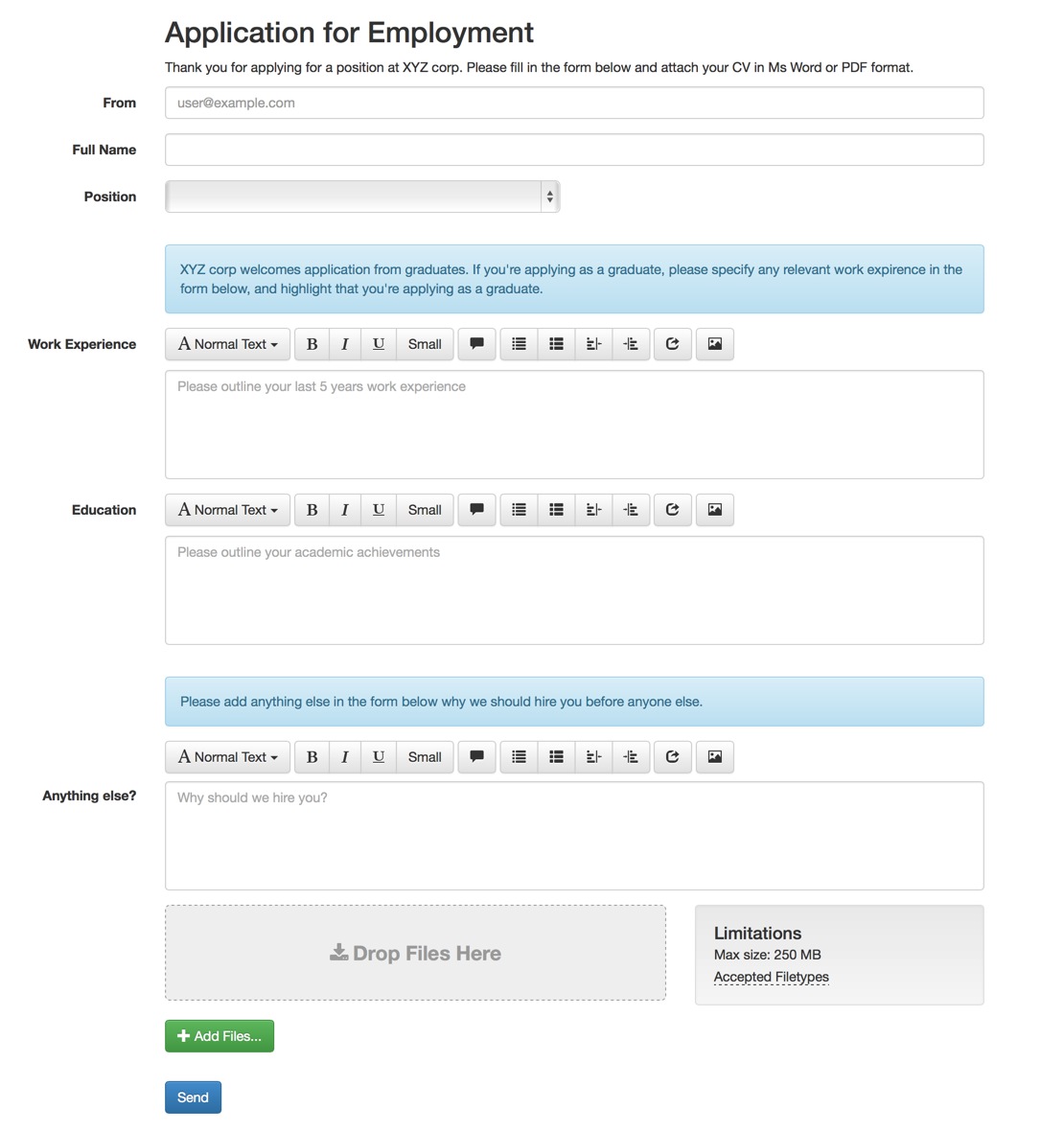 Recruitment filedrop application form