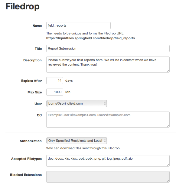 System filedrop configuration example