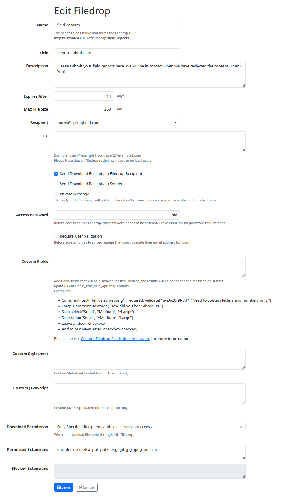 System filedrop configuration example