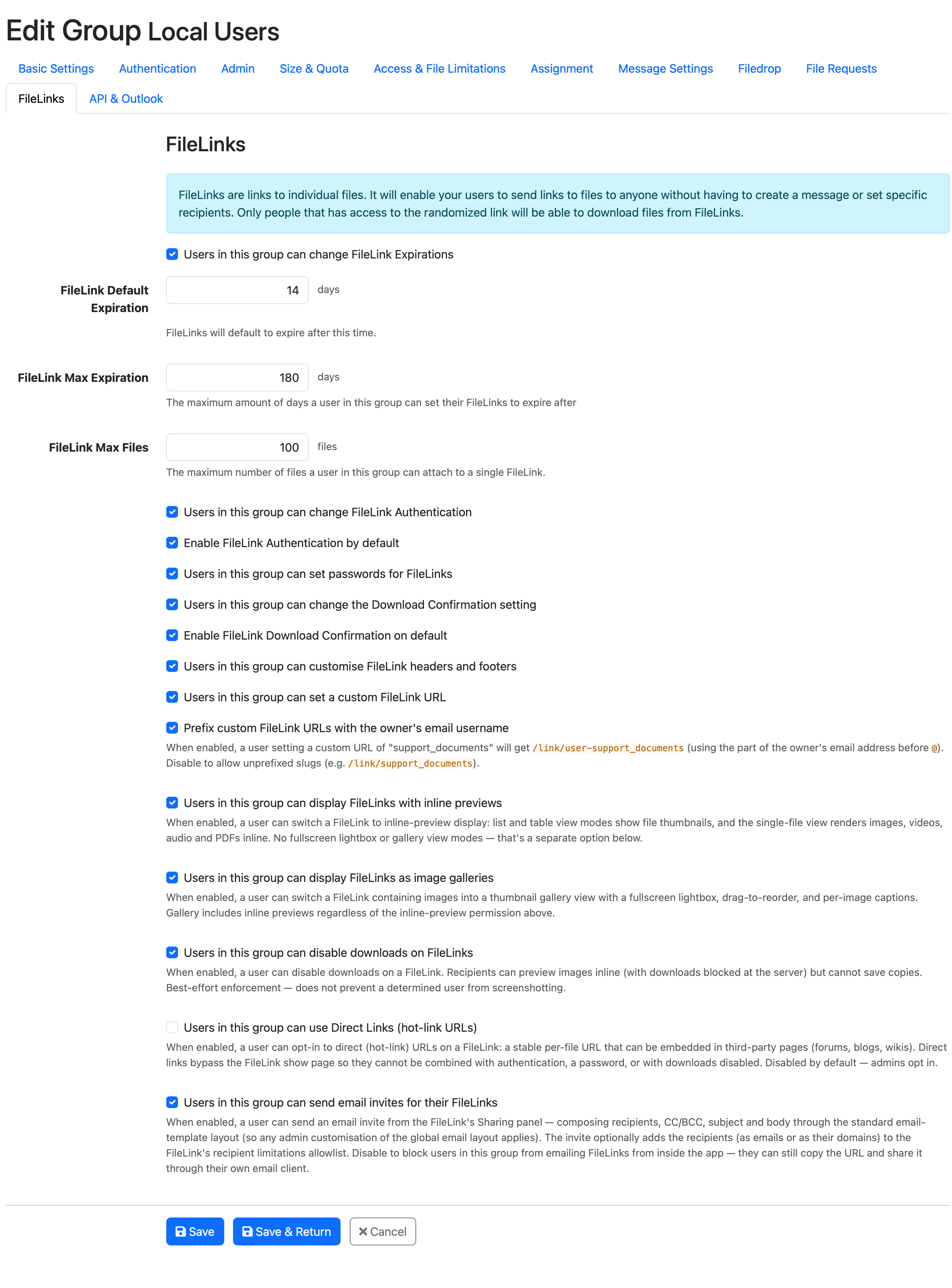 Group FileLinks settings tab
