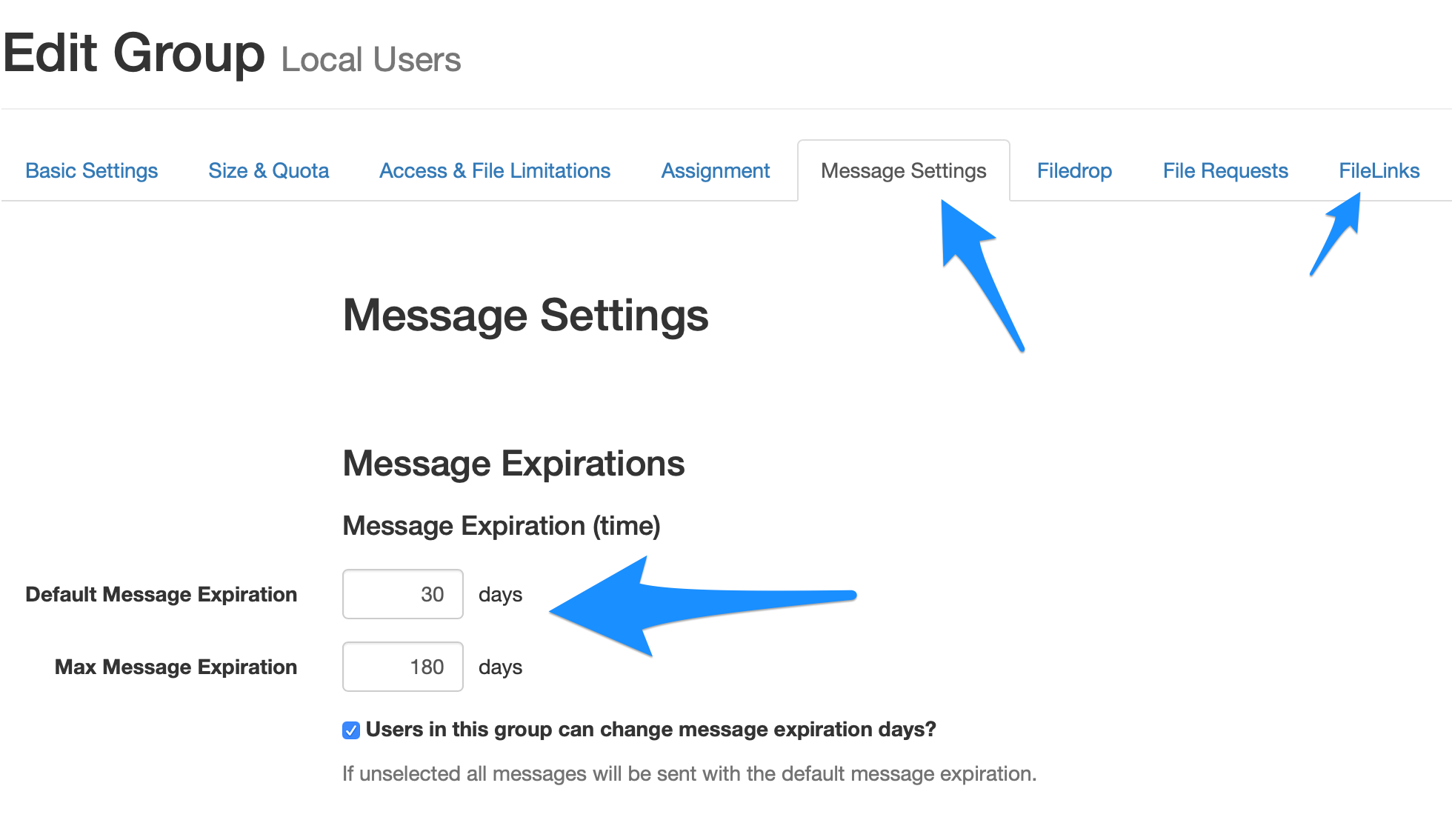 Group expiration settings for messages and FileLinks