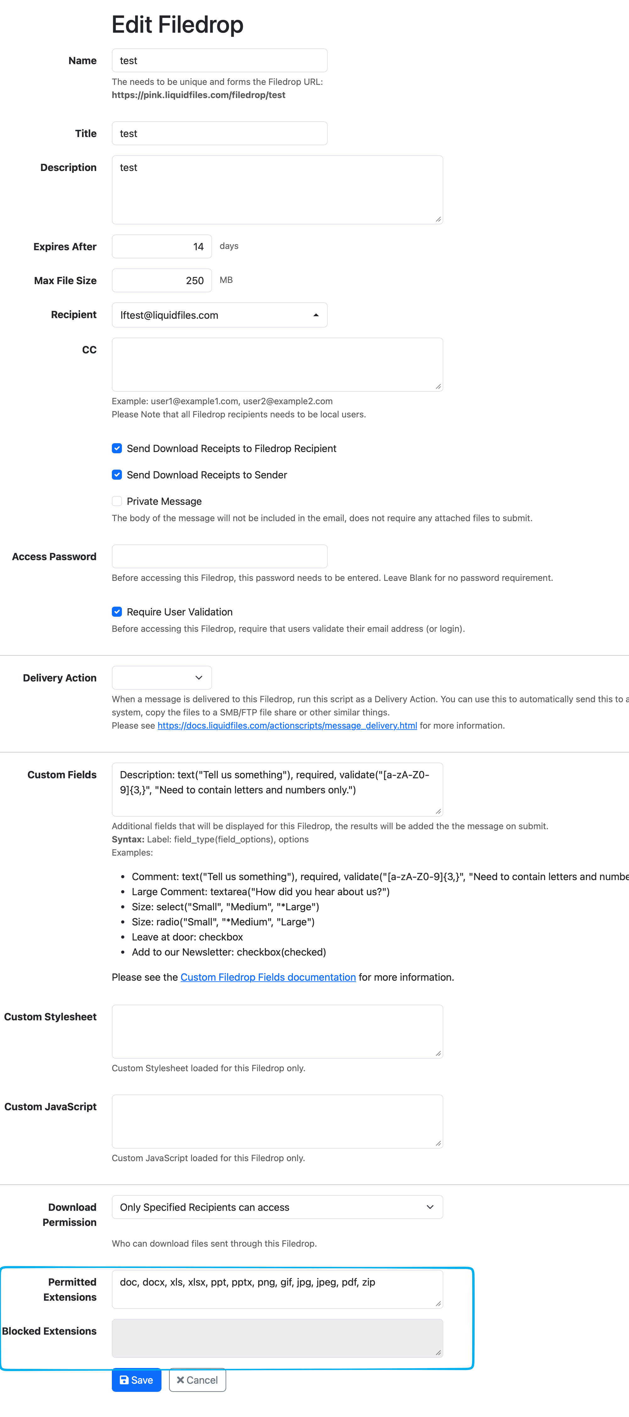 Filedrop File Extension Configuration