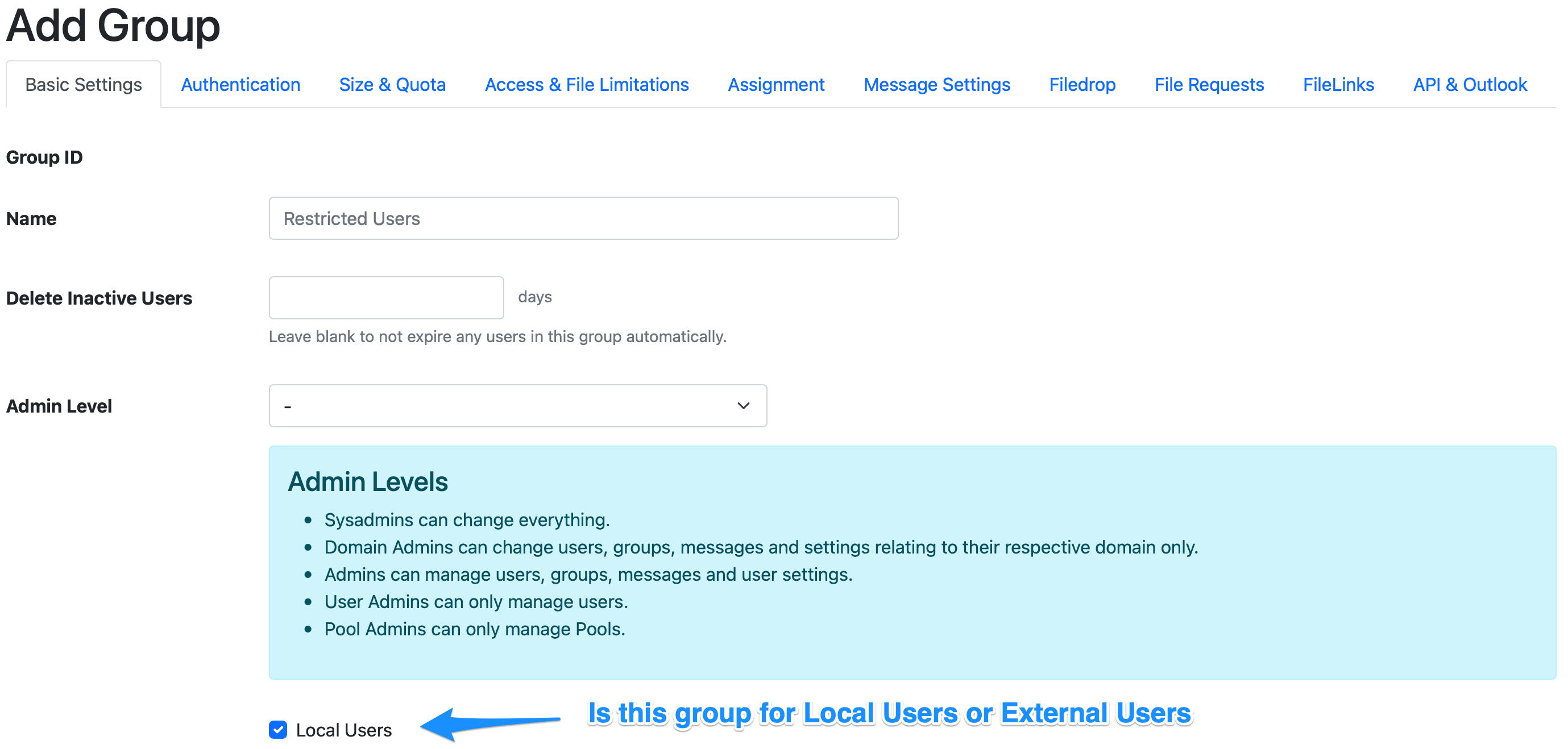 Add new group form with local users checkbox