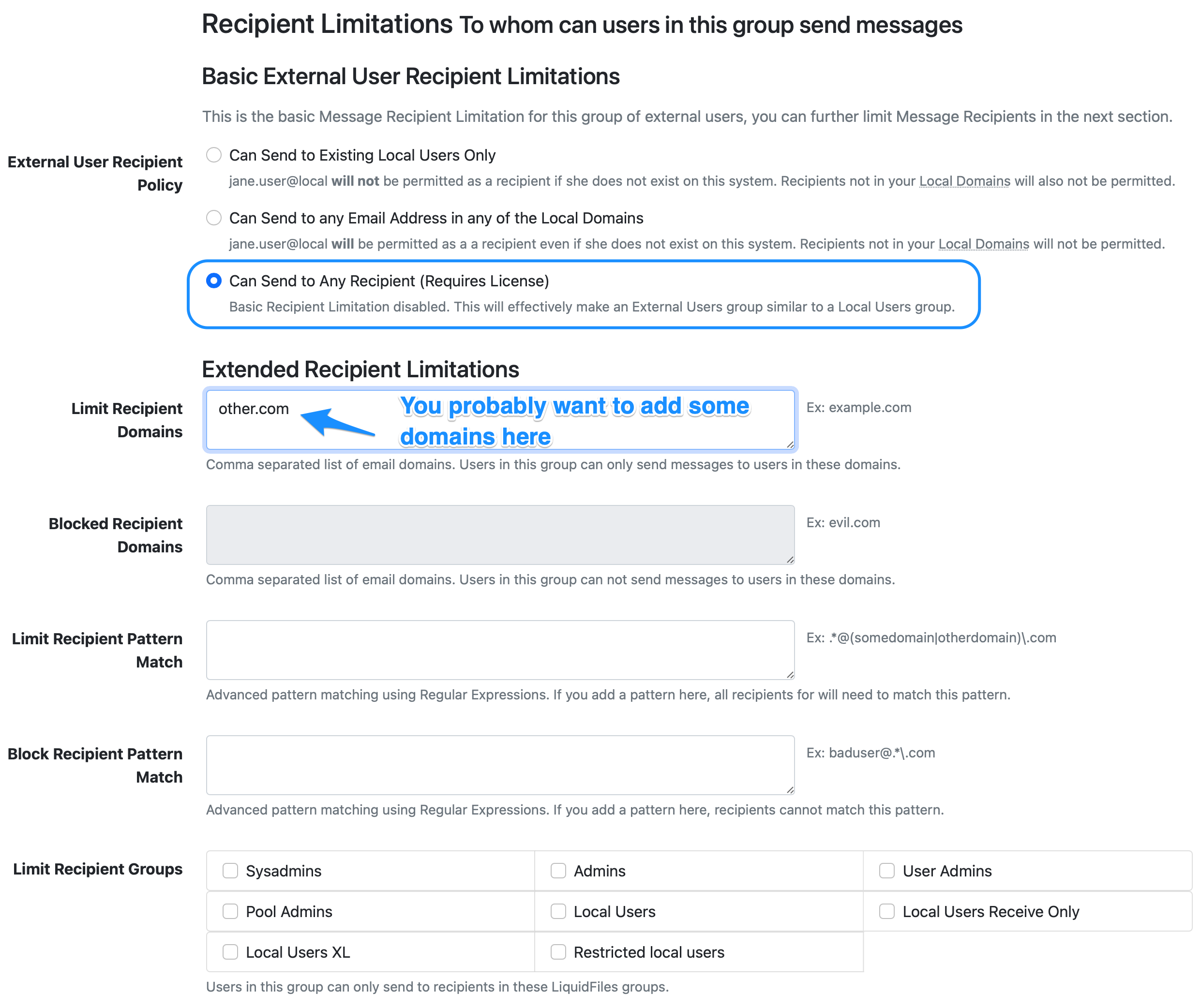 Recipient limitations for partner group