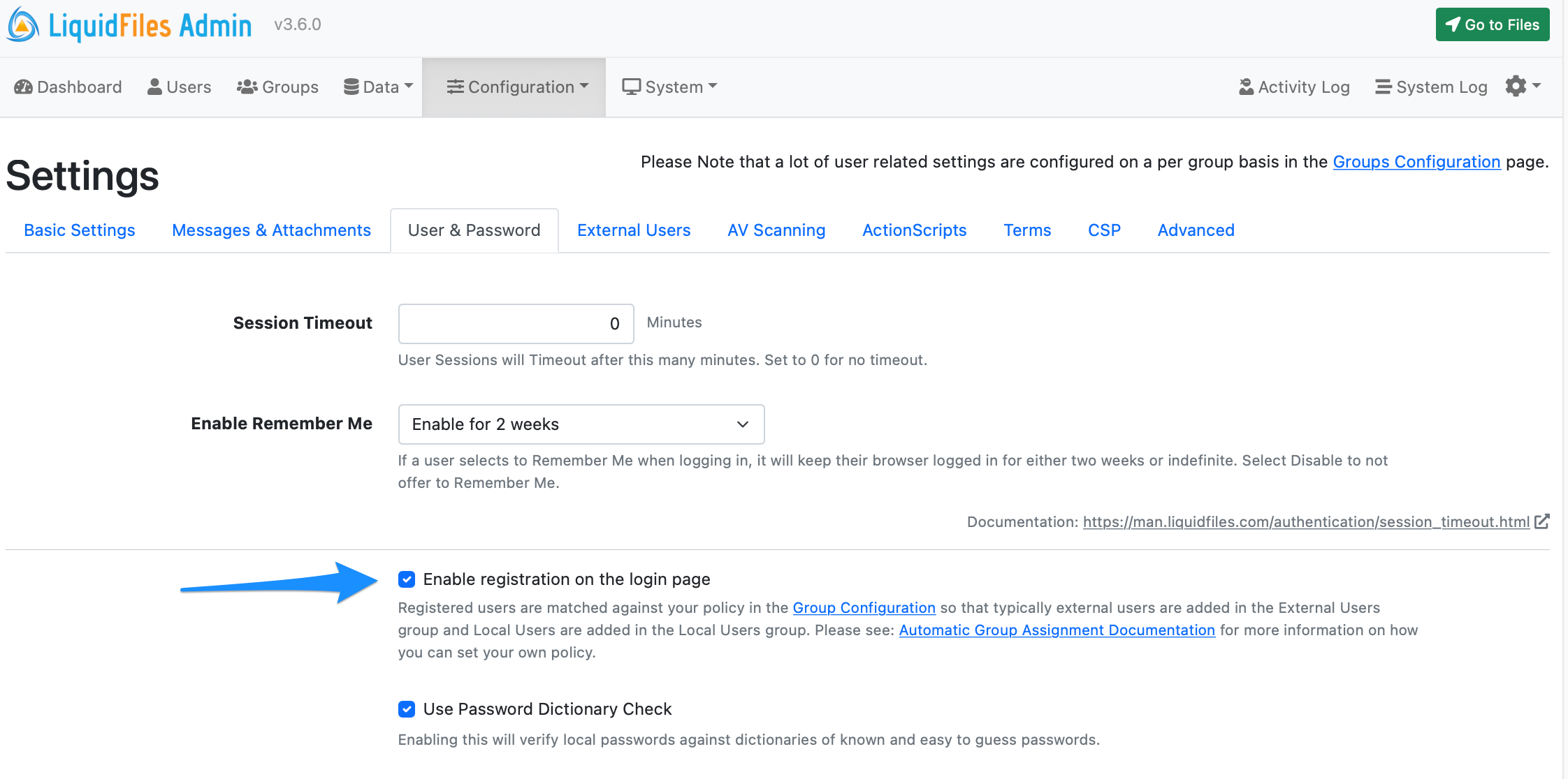 Registration setting in admin configuration