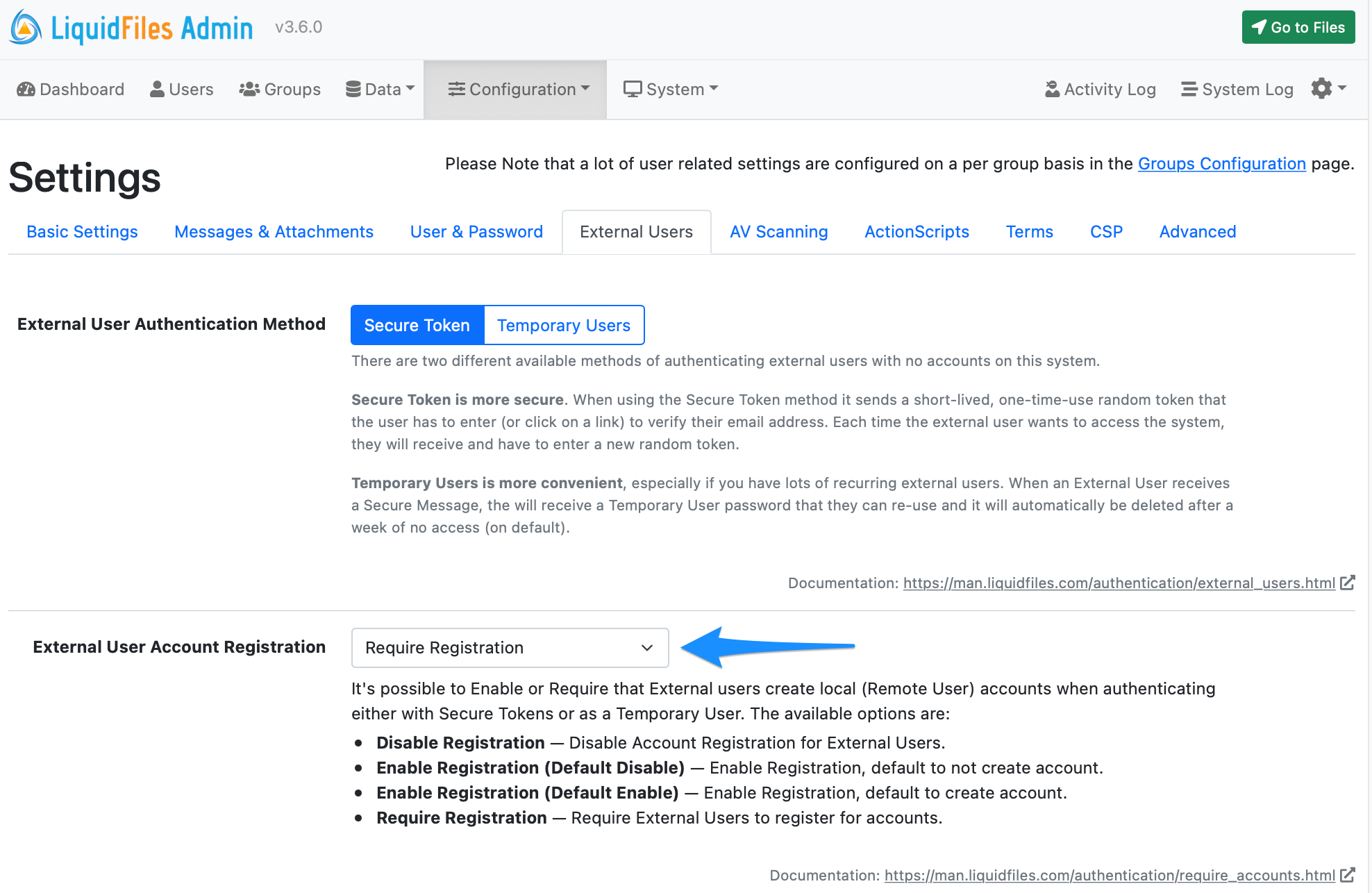Require external user accounts setting