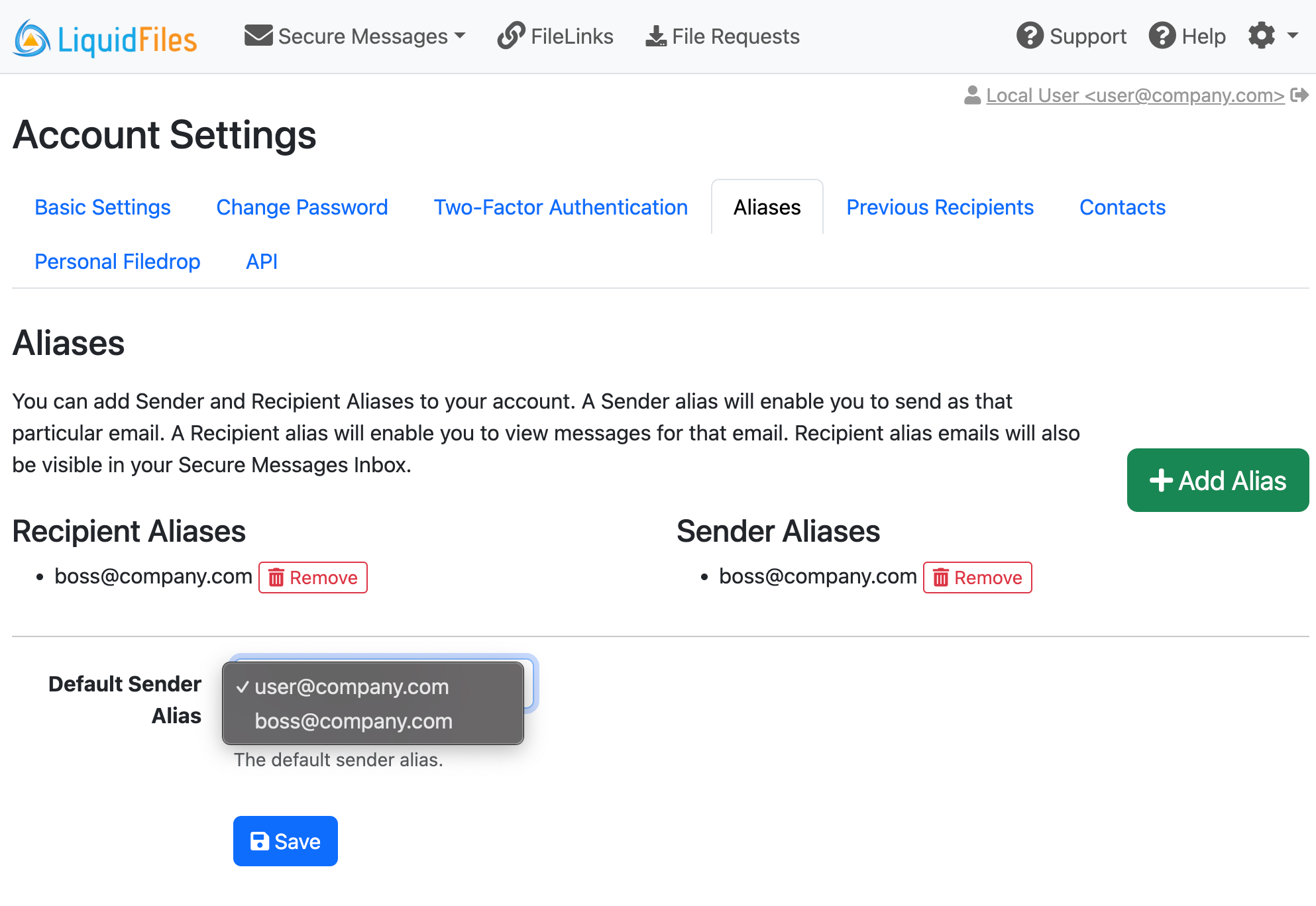 Account settings with configured aliases