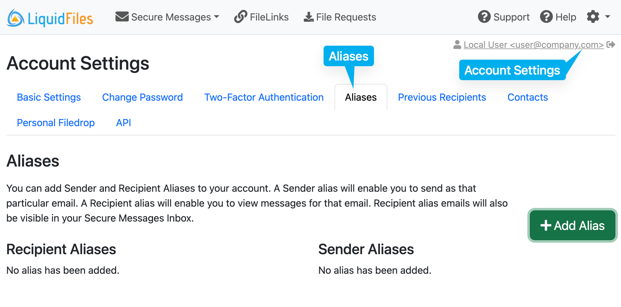 Account settings aliases section