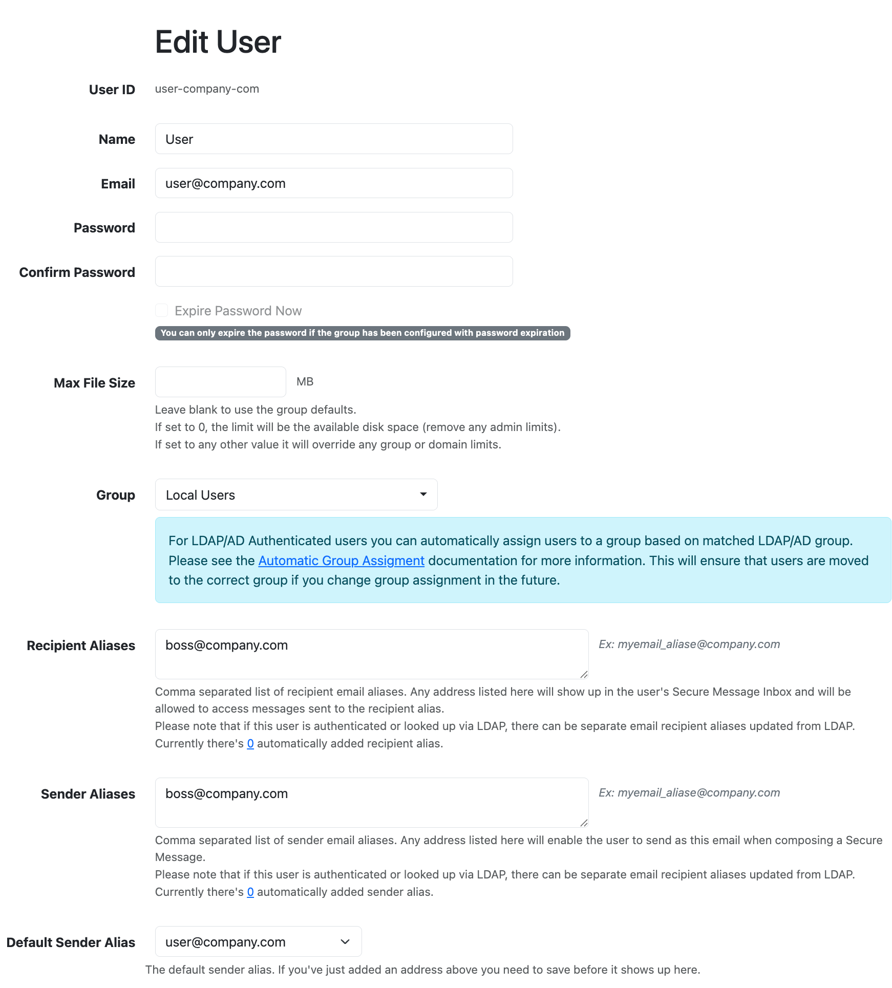Admin alias configuration for user