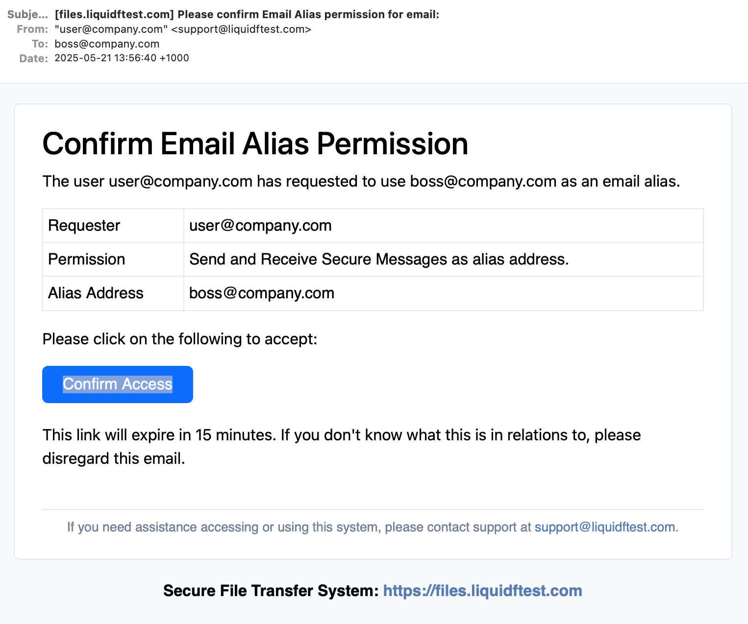 Alias confirmation request email