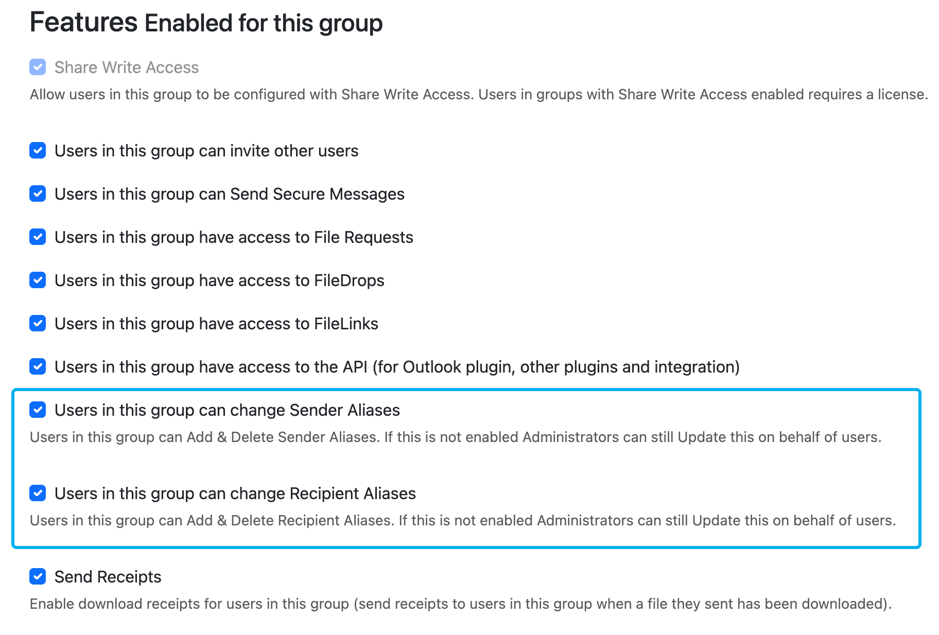 Group features with alias settings