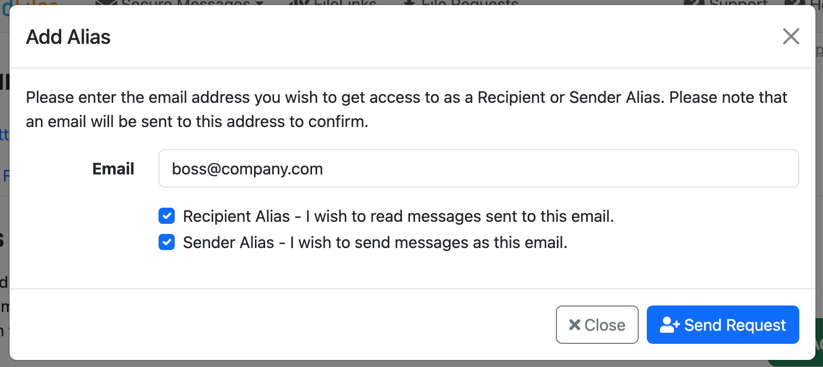 Add alias request dialog
