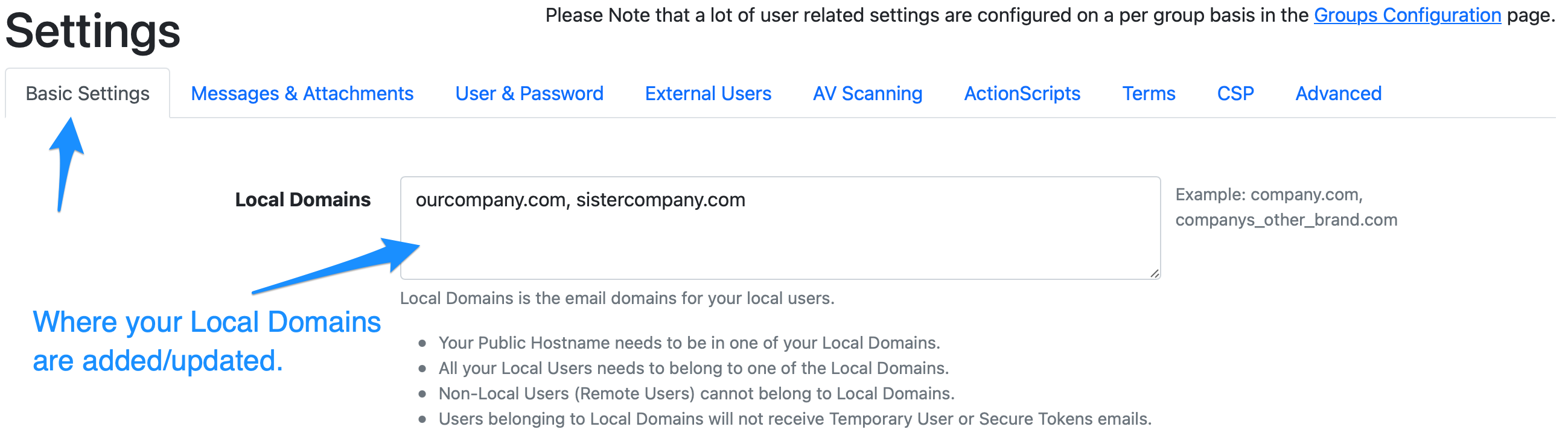 Local domains configuration settings