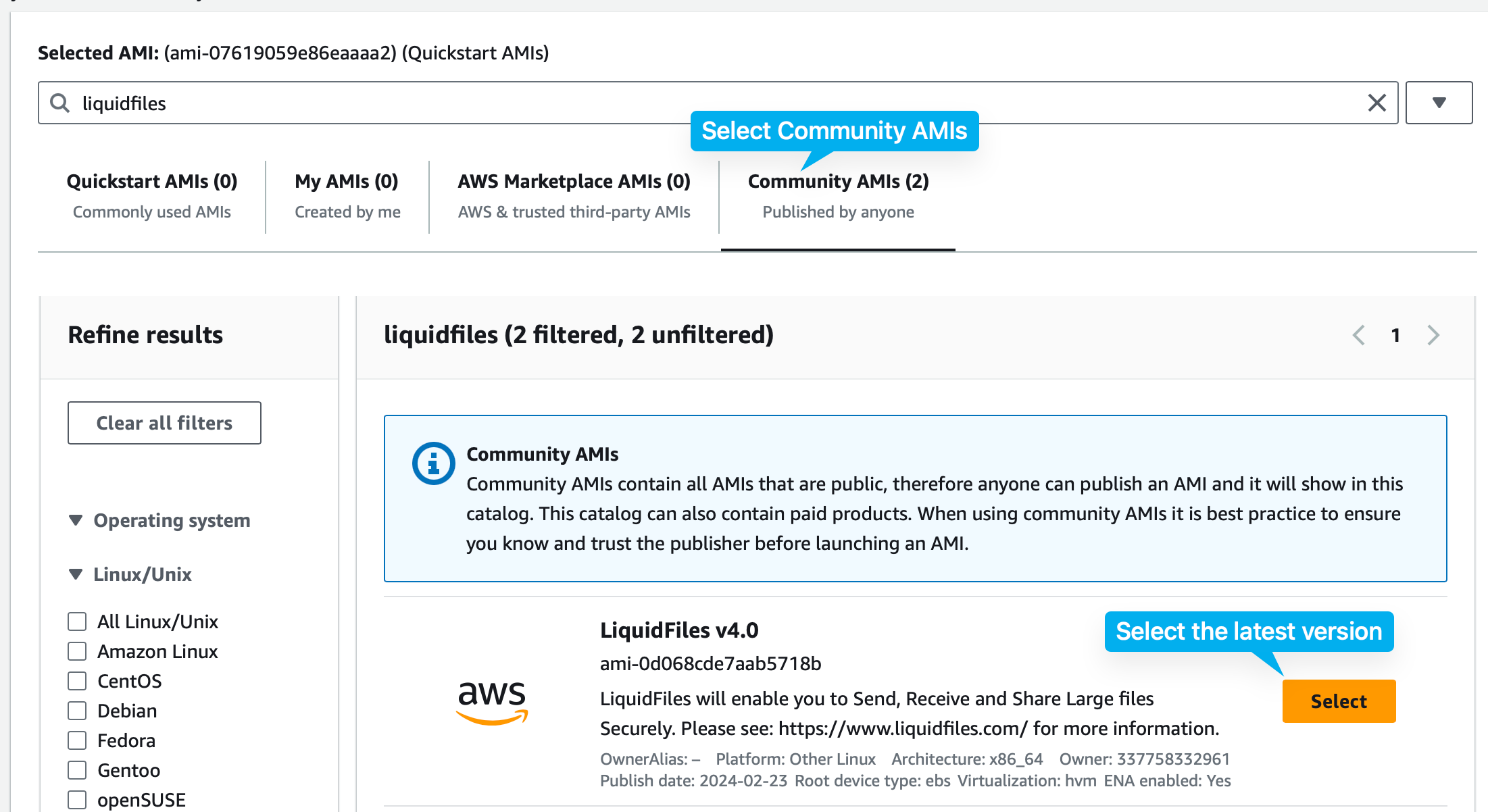 EC2 select LiquidFiles AMI