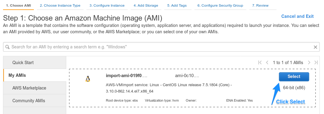 EC2 My AMIs select imported image