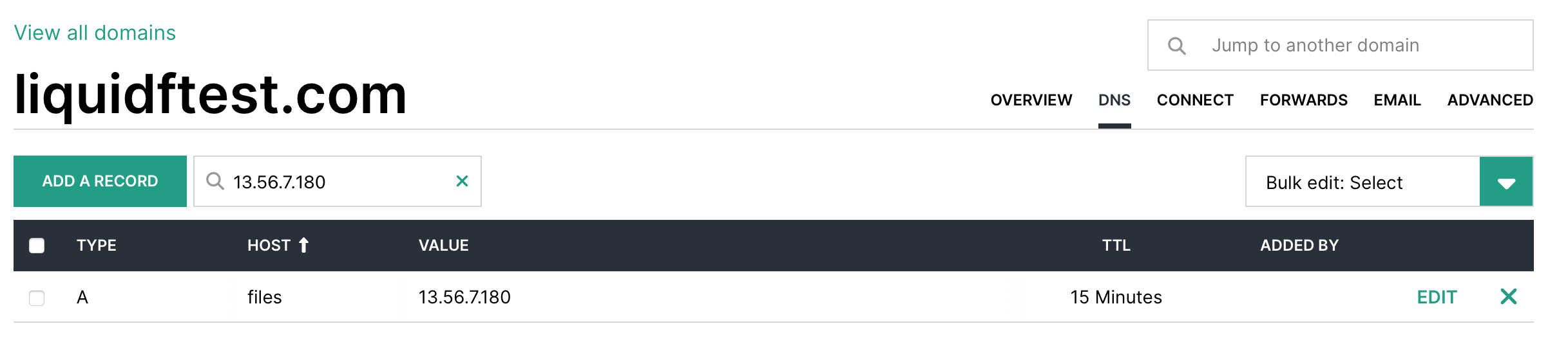 DNS A record configuration example