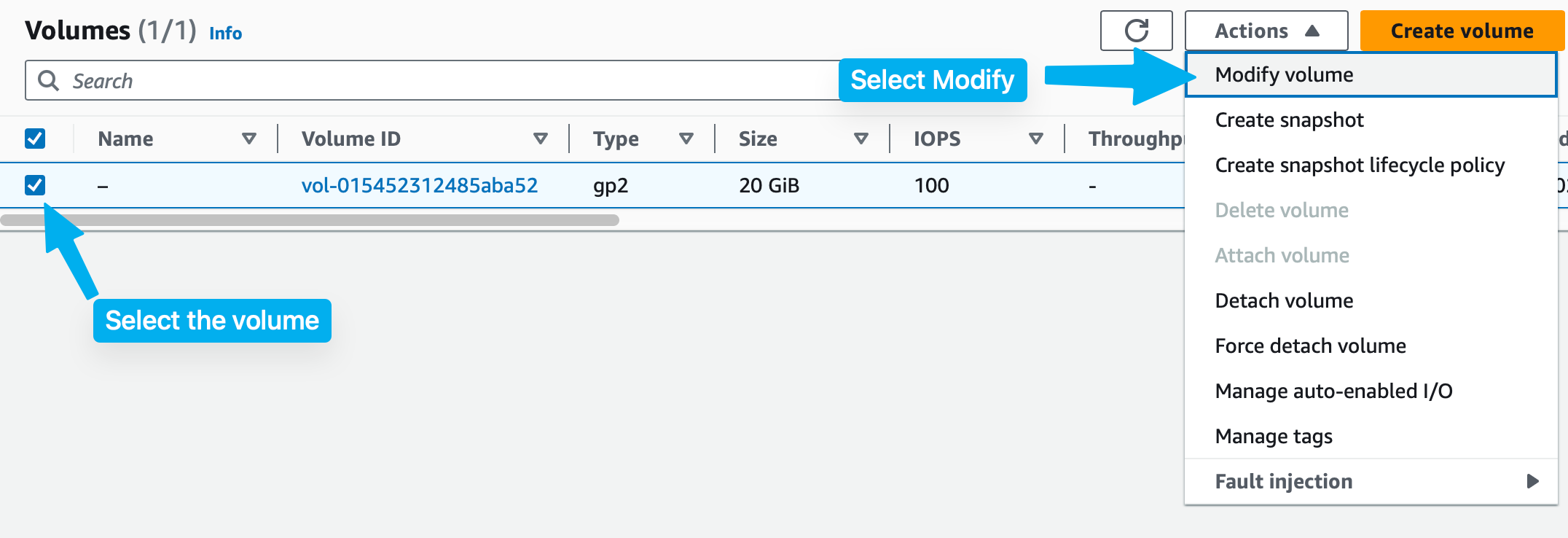 EC2 volumes modify option