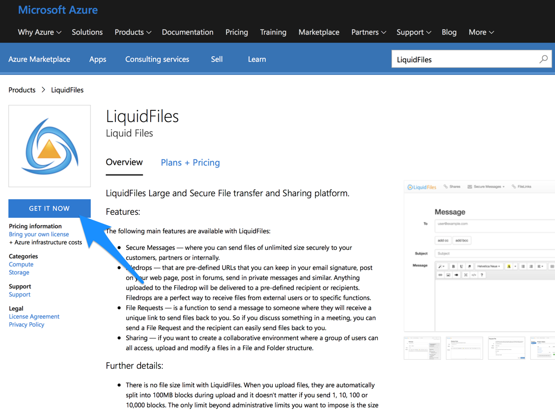 Azure Marketplace LiquidFiles listing