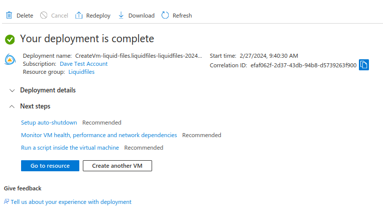 Azure deployment completed resource page