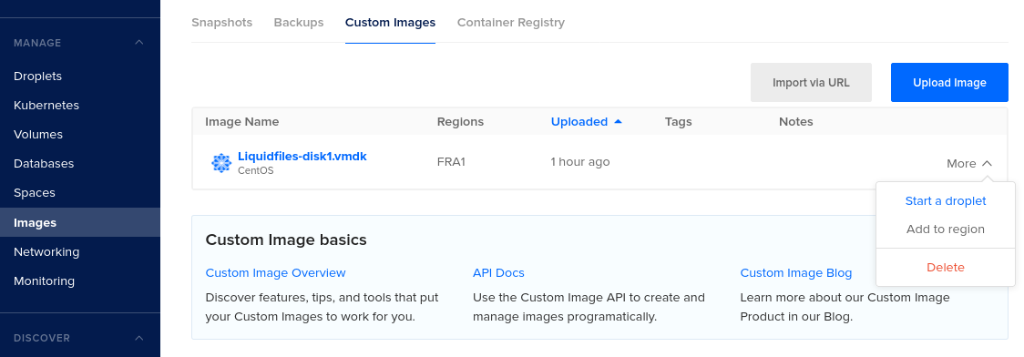 DigitalOcean start a droplet option